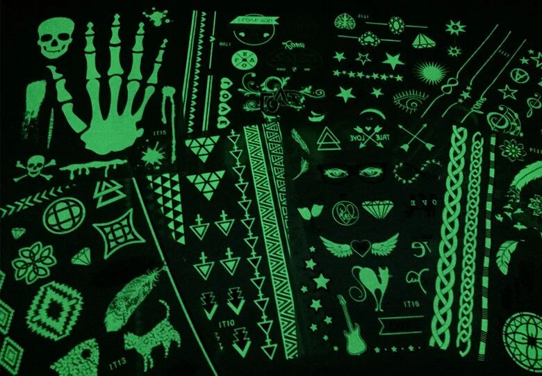 Sdrawing new 1 pc Glow in the Dark Luminous Flash Tattoo Sticker skeleton gold metal Waterproof Tattoo fluorescent noctilucent night