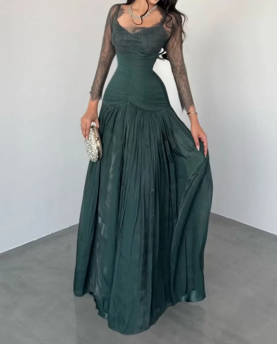Elegant Lace V-Neck Long Sleeves High-Waisted Long Pleated A-Line Prom Dress | GY0046 Wellcucu