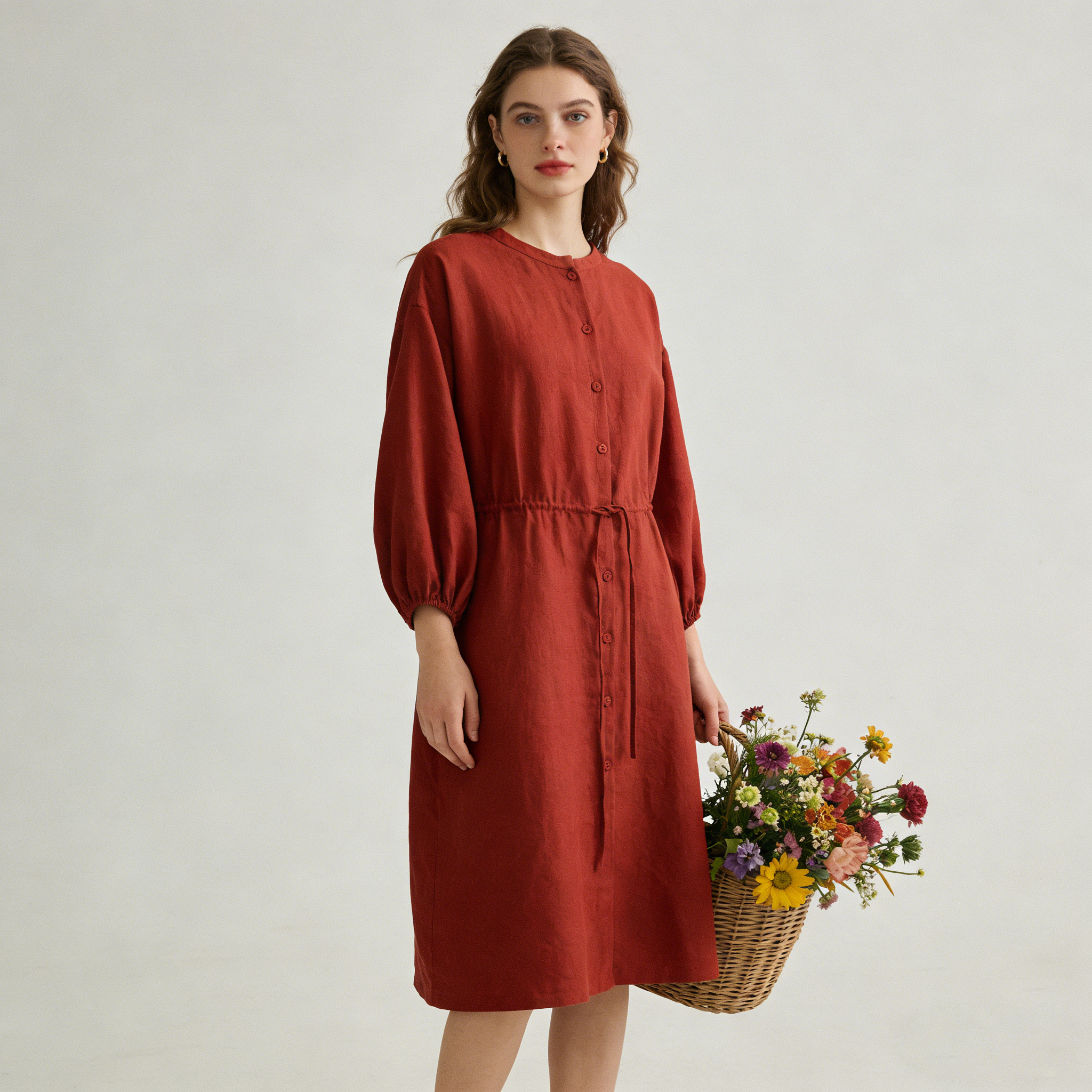 Linen Shirt Dress Women 100% Linen 3/4 Sleeve Tie Waist Midi Dress Breathable REAL SILK LIFE