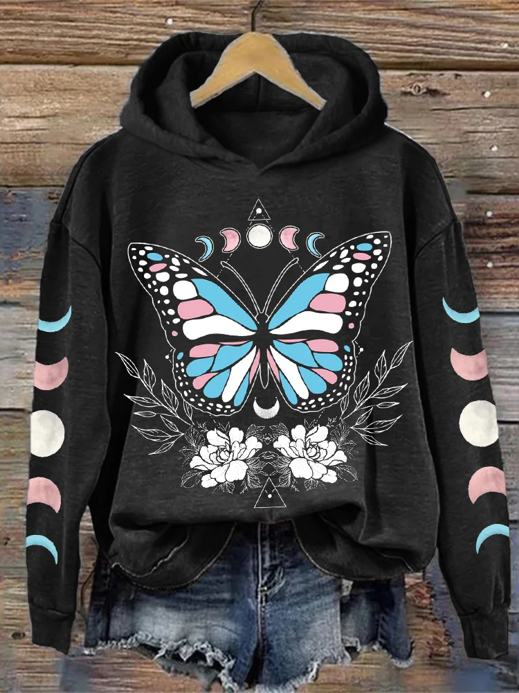 Transgender Flag Inspired Mystical Butterfly Moon Phase Hoodie