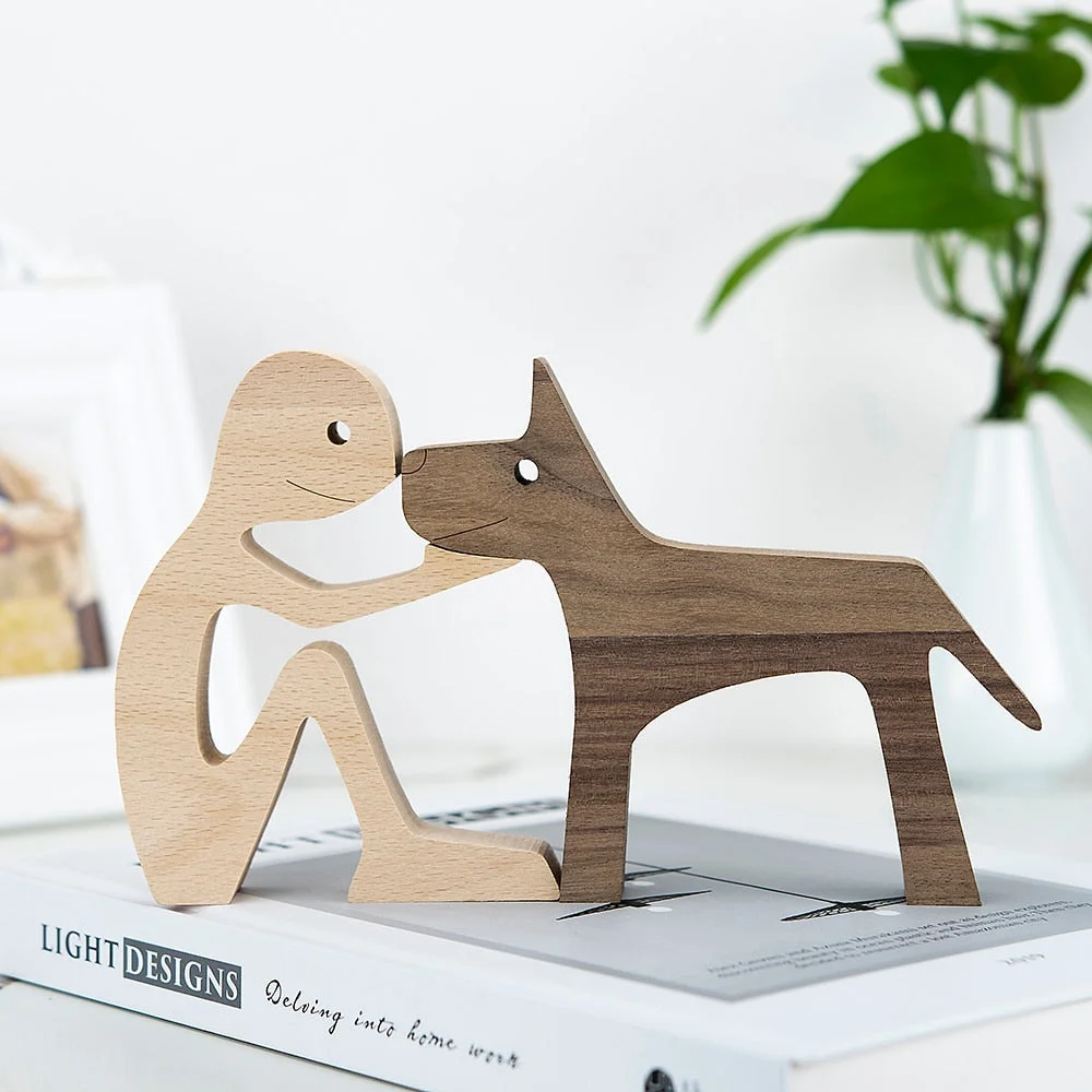 Handmade Wood Dog Decor Sculptures Craft Creative Figurine Ornement Decoration For Bedroom Home Office Decor Gift Natural