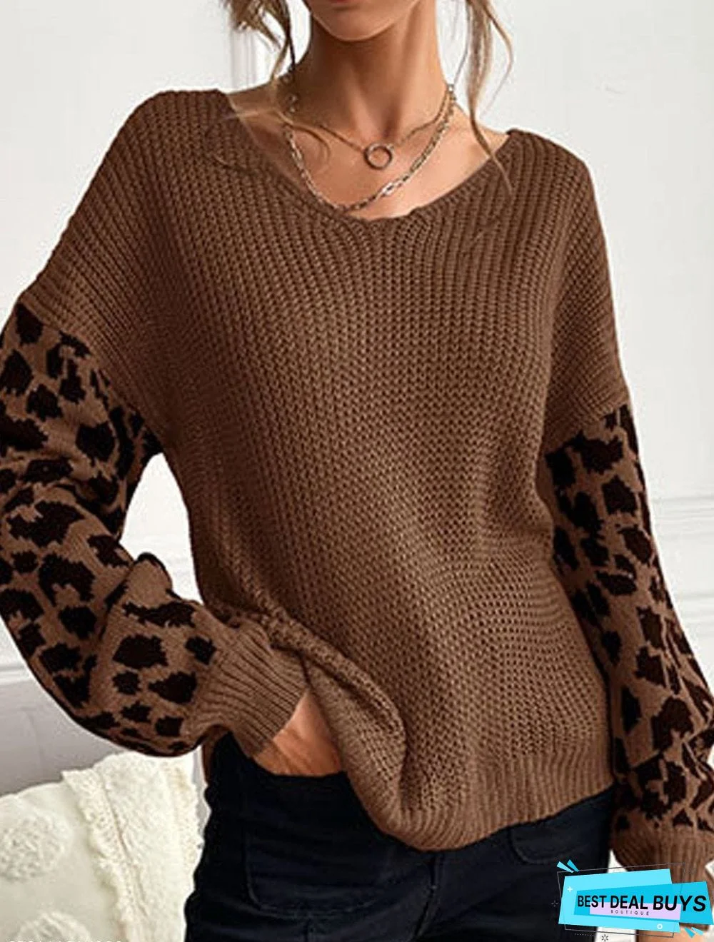 Casual Leopard Print Teaching V-Neck Long-Sleeved Sweater