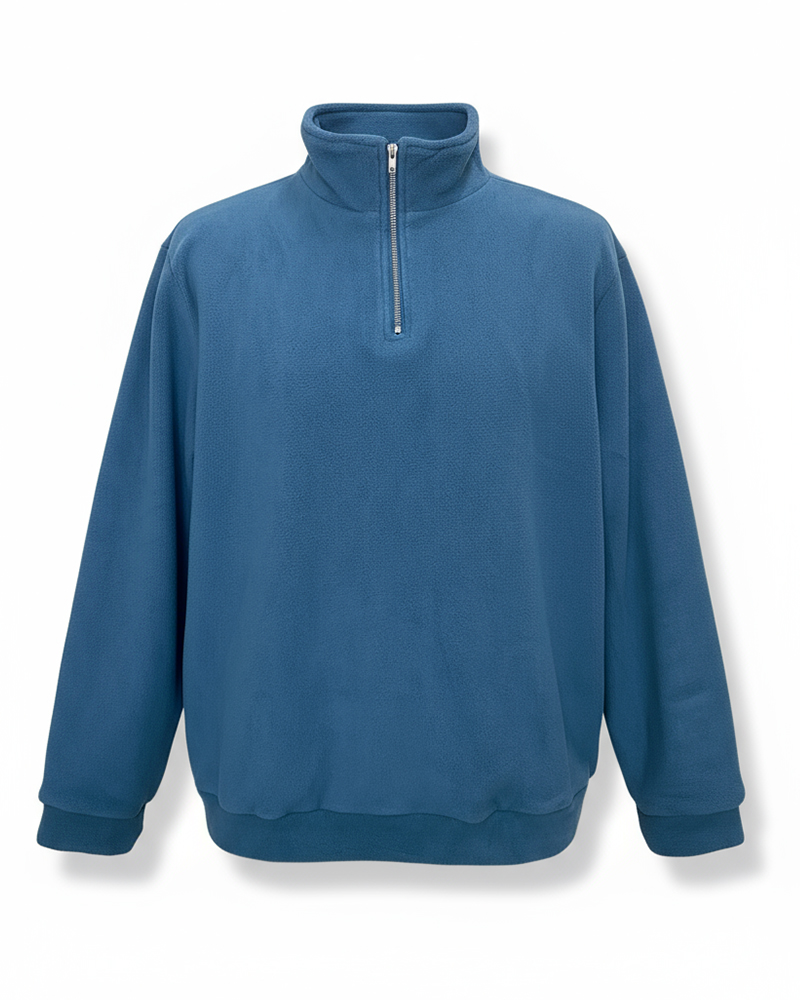 Big & Tall Men's Blue-Fall/Winter Solid Color Polar Fleece Fabric Metal Zipper Collar POLO Long Sleeve