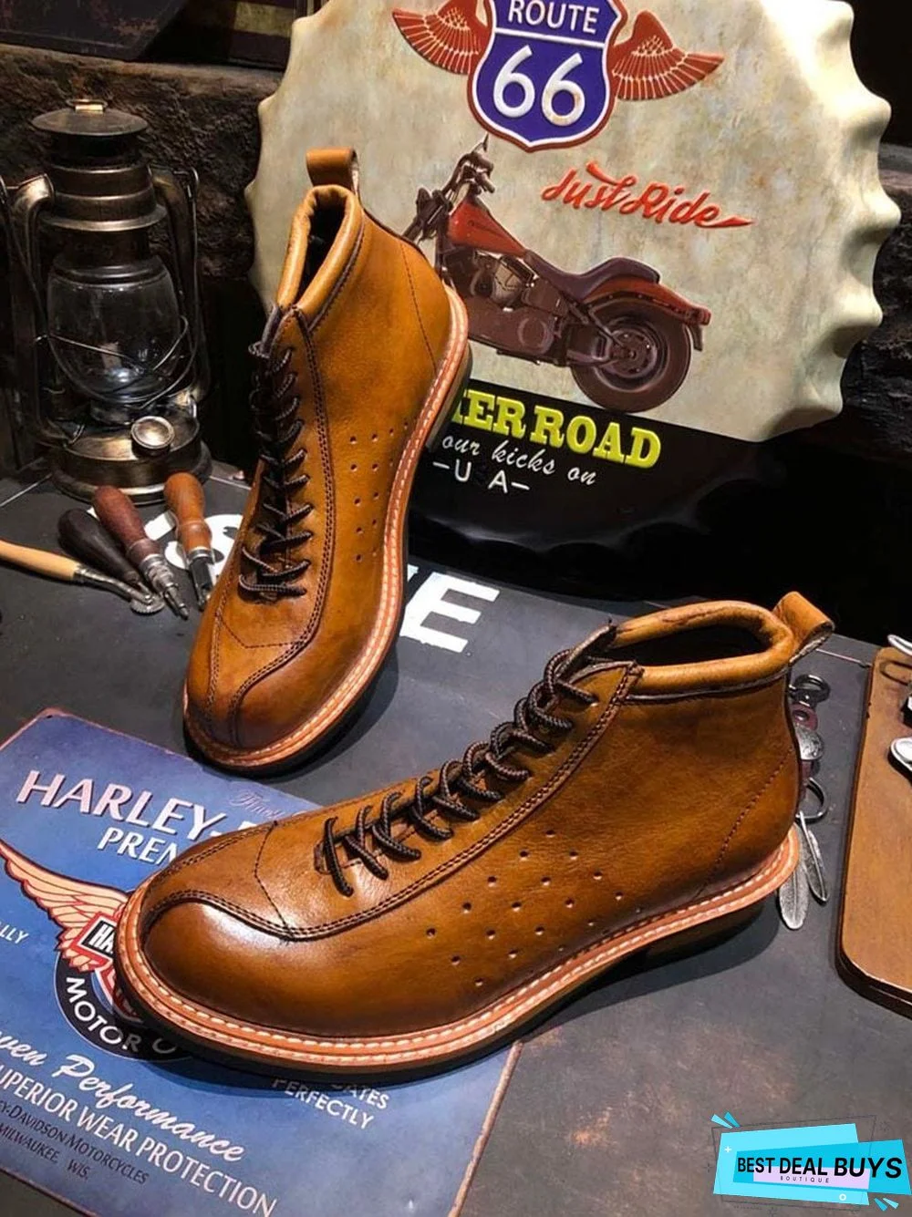 Vintage Genuine Leather Boots Full Grain Ankle Designer Shoes Men High Quality Fall Booties Short Brown Lace Up