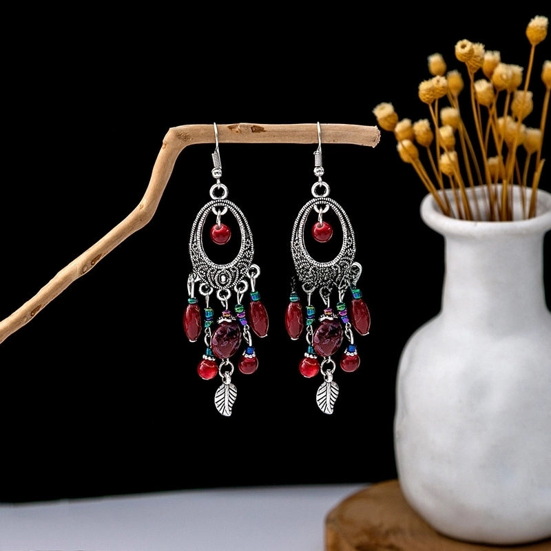 Bohemian Blue Turquoise National Style Earrings Imitation Miao Silver Metal Earrings Vintage Tassel Earrings