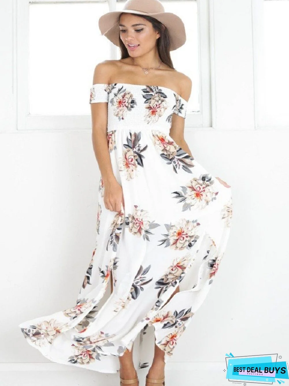 Chest-Wrapped Flower Printed Beach Gown White Dresses