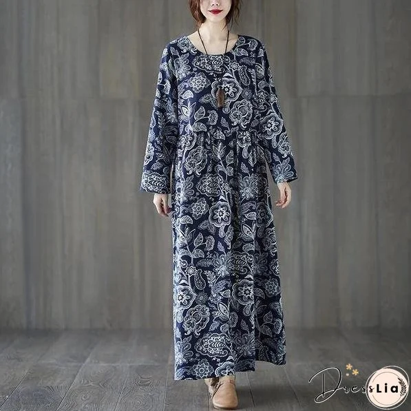 long sleeve cotton linen plus size vintage floral for women casual loose autumn dress