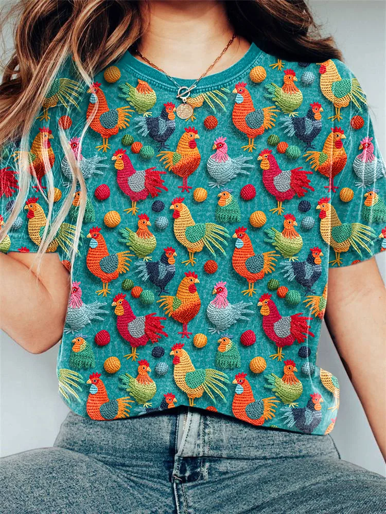 Comstylish Chicken Embroidery Pattern Casual Short Sleeve T-Shirt
