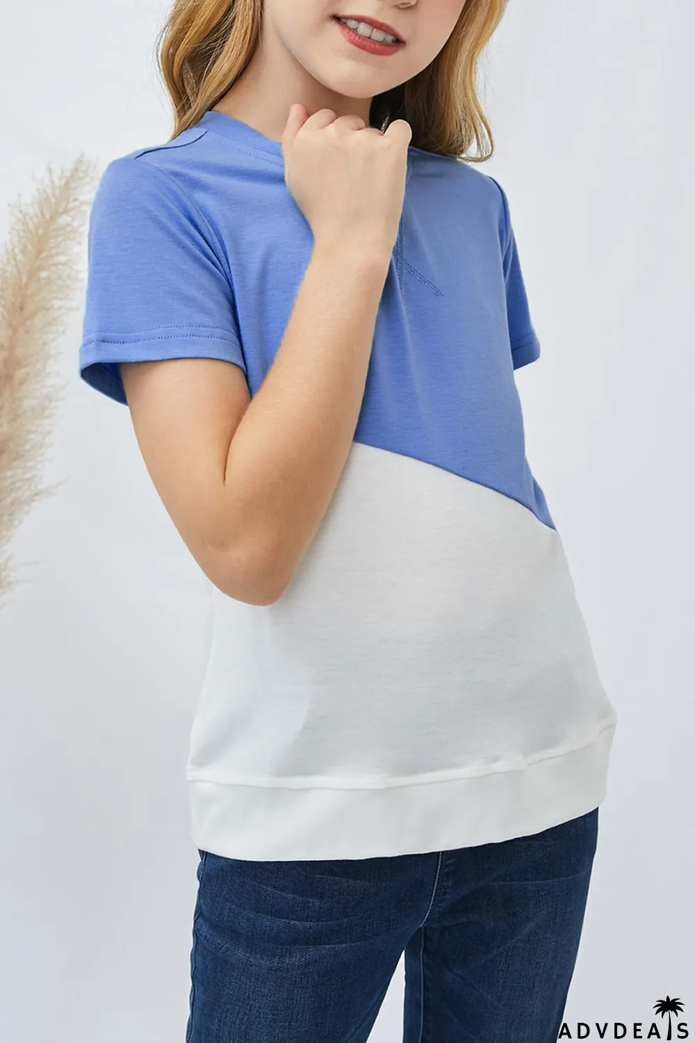 Sky Blue Colorblock Splicing Little Girl Tee