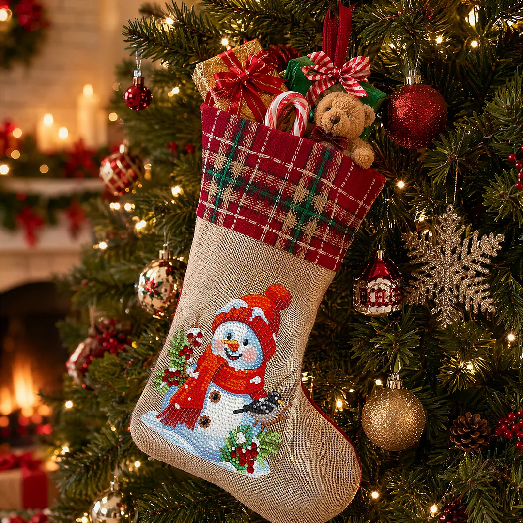 DIY Diamond Painting Christmas Stockings Hanging Ornaments Large Capacity Xmas Socks Pendant Wear Resist Candy Gift Storage Bags for Family Christmas Holiday Party Decoration (Snowman and Bird)