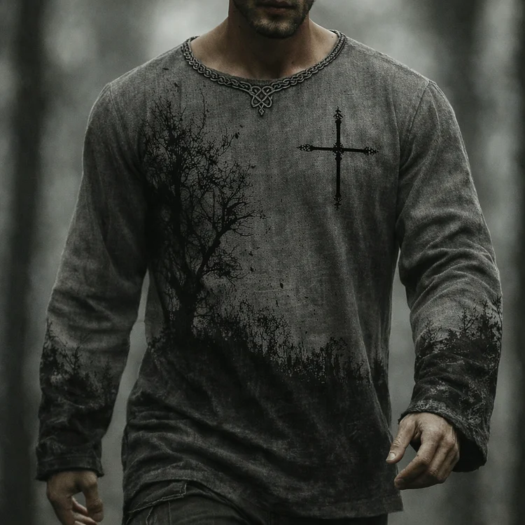 Men's Vintage Cross Faith And Celtic Knot In Forest Art Loose And Comfortable Cotton And Linen Long-sleeved Shirt