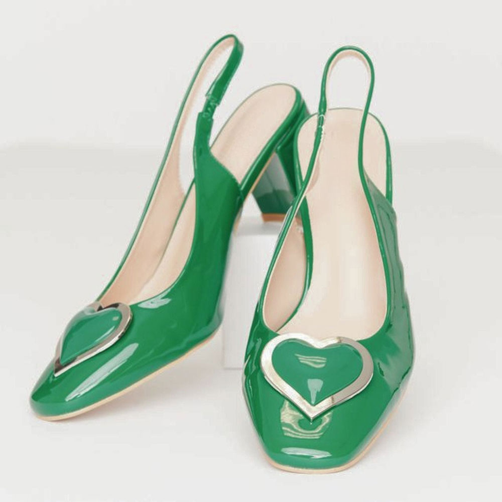 Green Patent Leather Square Toe Heart Decor Slingback Heels Nicepairs