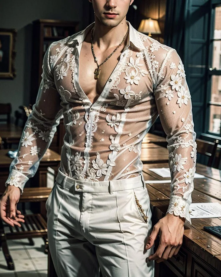 Men's White See-Through Embroidered Long Sleeve Shirt