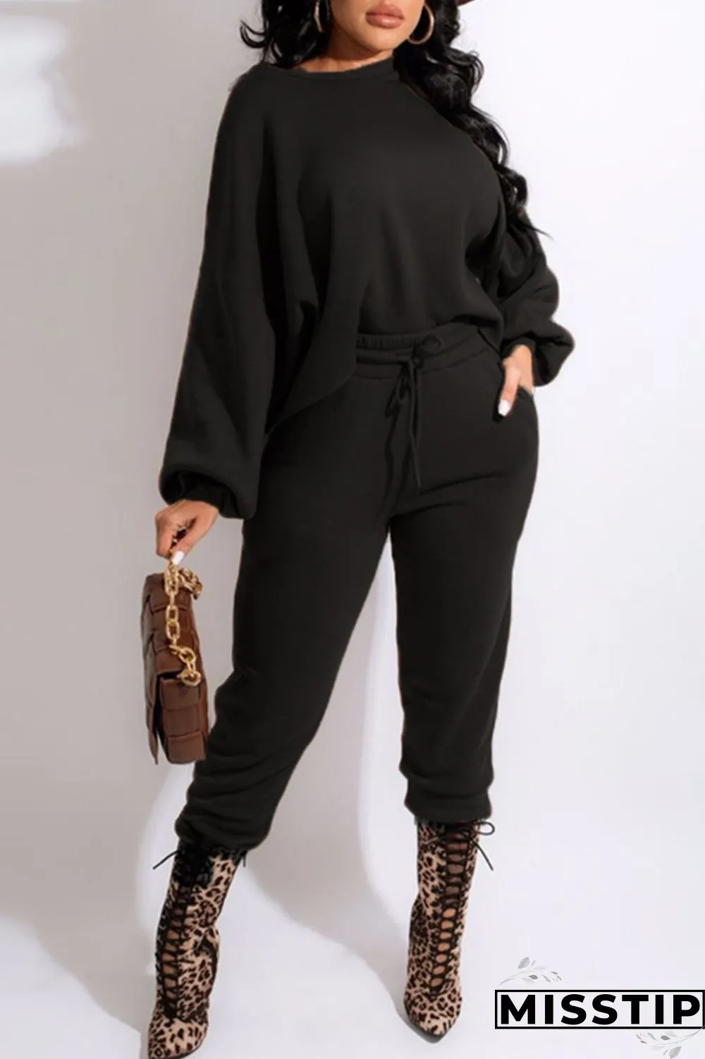 Dark Brown Casual Solid Patchwork O Neck Long Sleeve Two Pieces