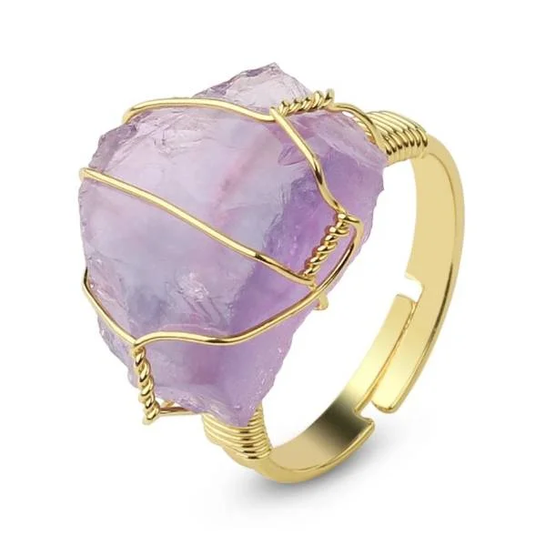 Natural Amethyst Gemstone Wire Wrap Adjustable Ring For Women