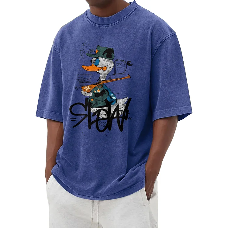Fun duck pattern washed T-shirt 016