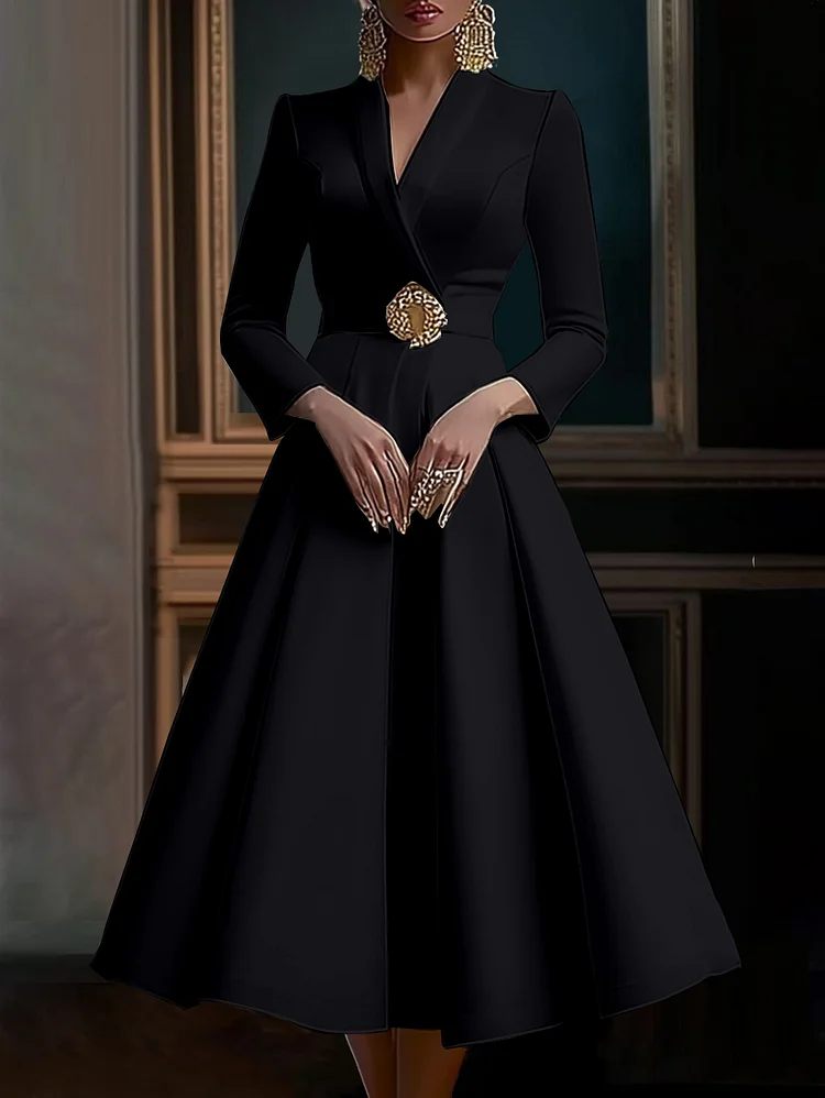 Ursime Elegant Wrap V Neck Long Sleeve Pleated Midi Dress