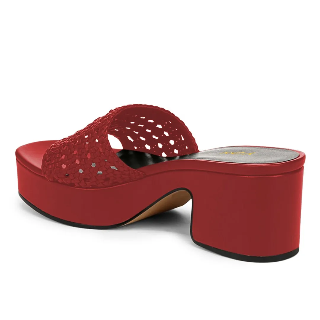 Red Vegan Leather Open Round Toe Woven Block Heel Platform Mules