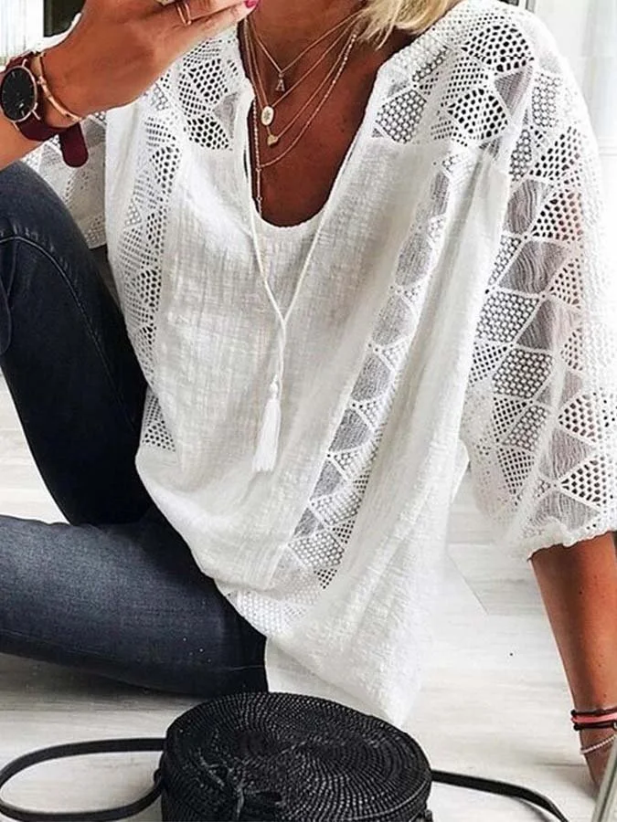 Women's Lace Panel Lace Up U-Neck Top