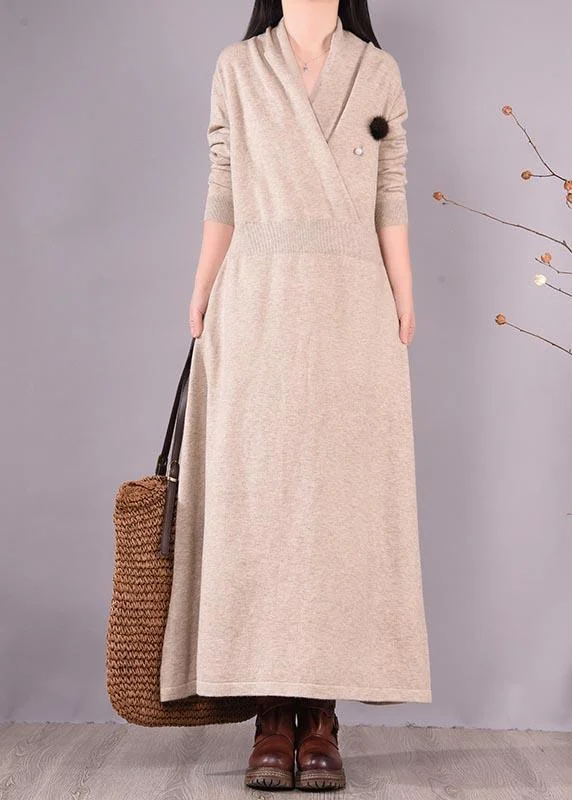 Simple Beige Quilting Clothes V Neck Asymmetric Spring Dress