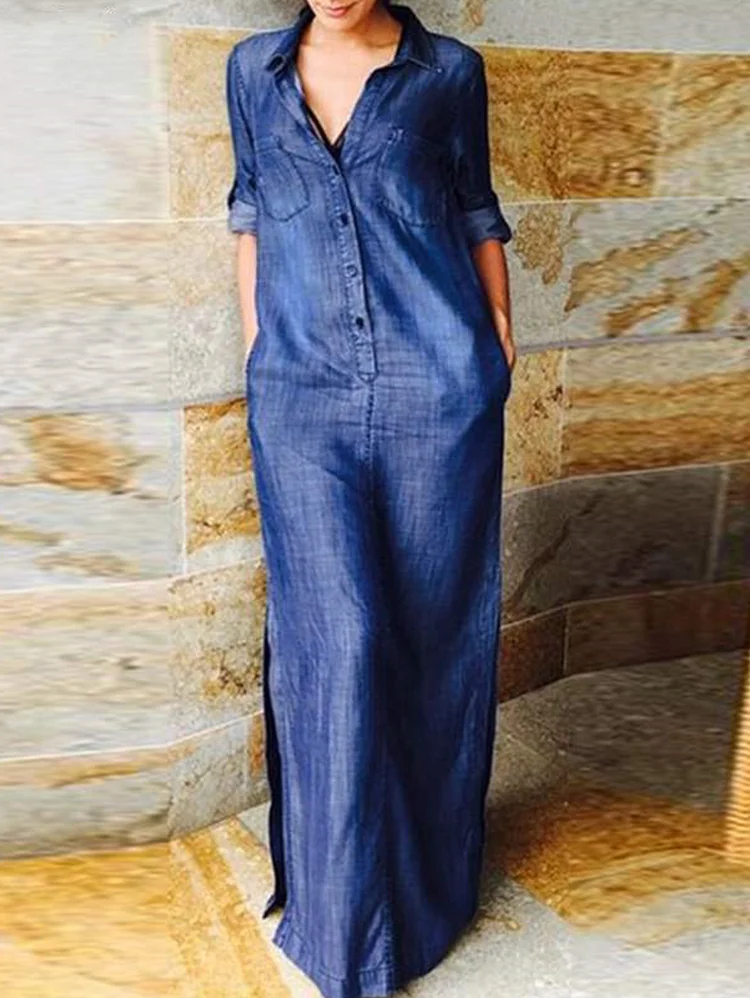 Daily Rolling Up Sleeve Button Down Loose-Fit Denim Maxi Dress