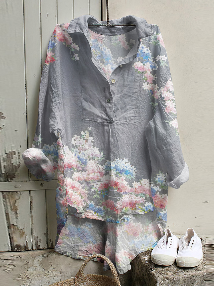 Comstylish Japanese Art Flower Print Long Sleeve Casual Shirt