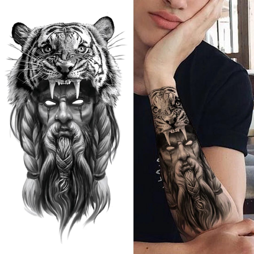 Forest Tiger Temporary Tattoos For Men Women Kids Lion Skull Cross Tattoo Sticker Black Compass Skeleton Tatoos Leg Thigh 712-1
