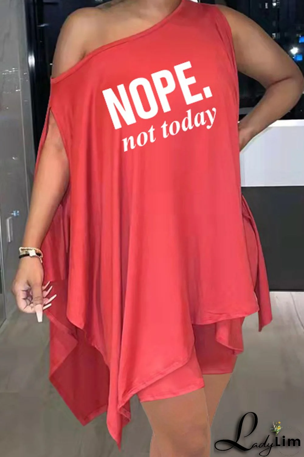 Burgundy Fashion Casual Letter Print Asymmetrical Oblique Collar Sleeveless Two Pieces