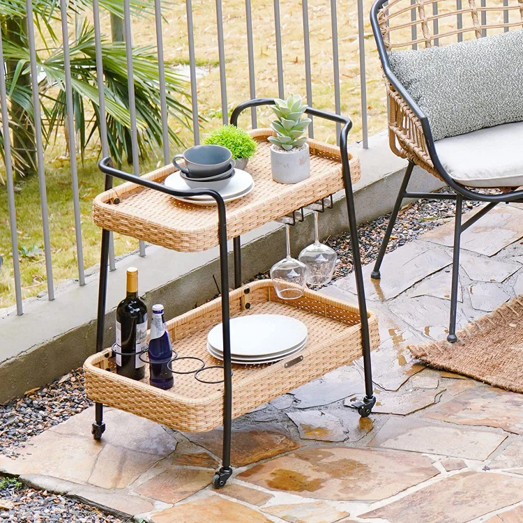 GRAND PATIO Outdoor & Indoor PE Wicker Steel 2-Tier Rolling Bar Beverage Cart Vaxjo Natural Color