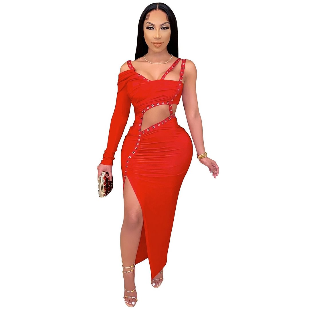 CM.YAYA Women Dress One Shoulder Full Sleeve Hollow Out Ankle-length Sheath Elastic Solid Party Dresses Summer New Fashion Dress