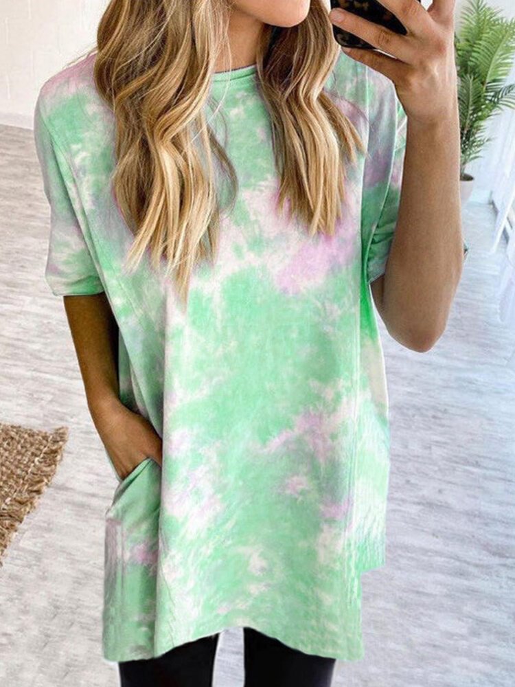Tie Dye Print Short Sleeves O neck Casual T shirt For Women P1679573