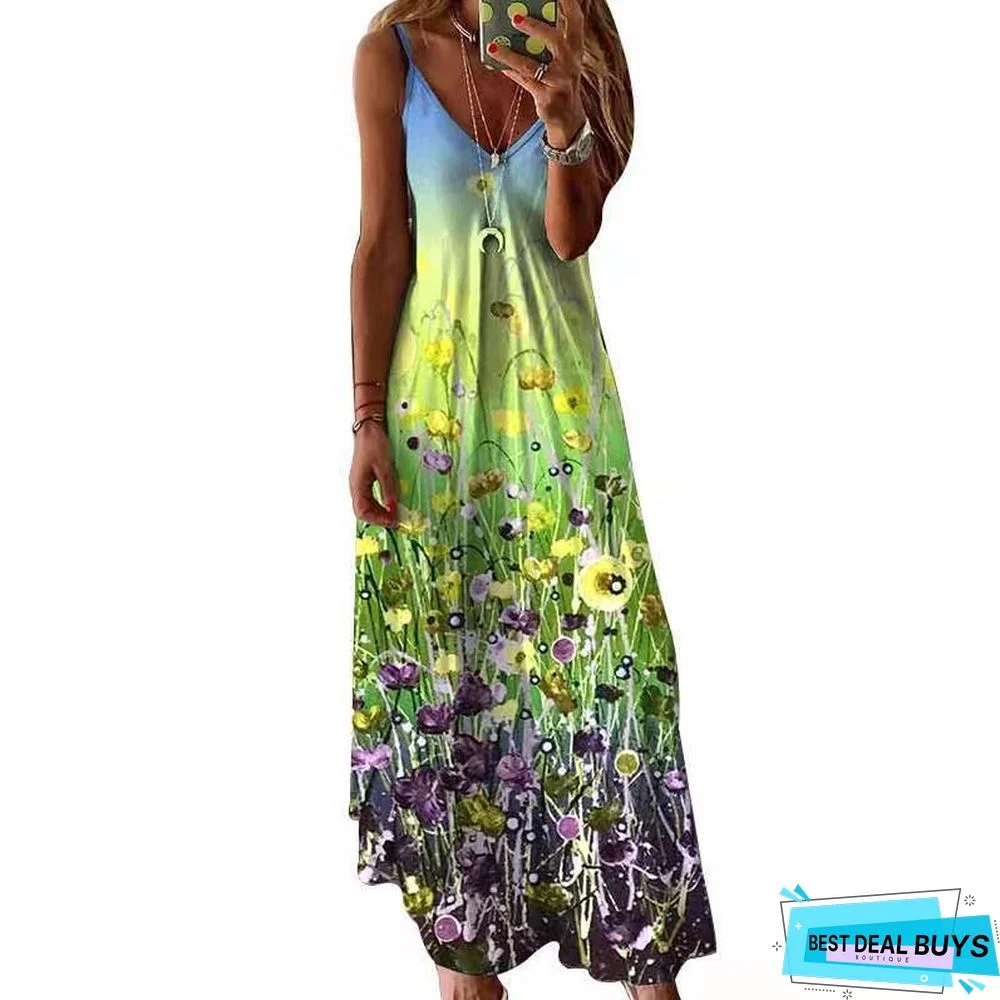 V-Neck Fashion Printed Loose Suspender Dress