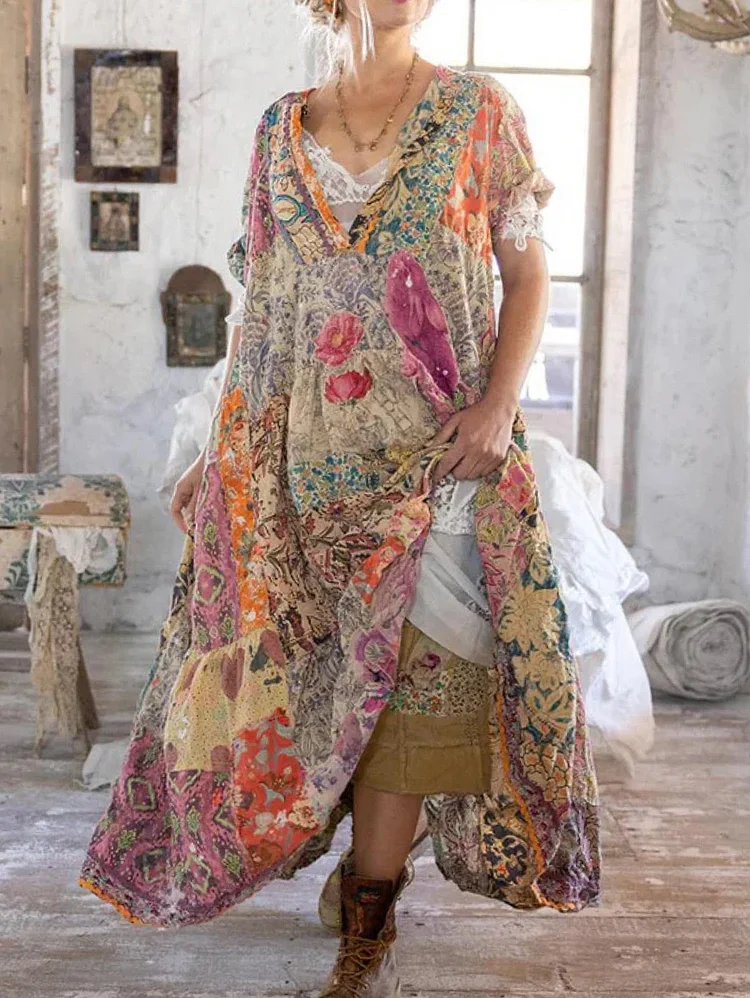 Casual V Neck Floral Pattern Loose Maxi Dress