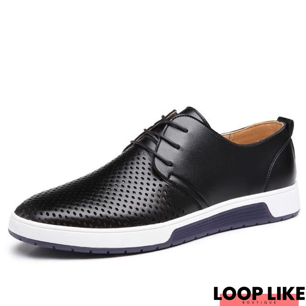 Men Casual Shoes Leather Breathable Holes Flat Shoes For Men