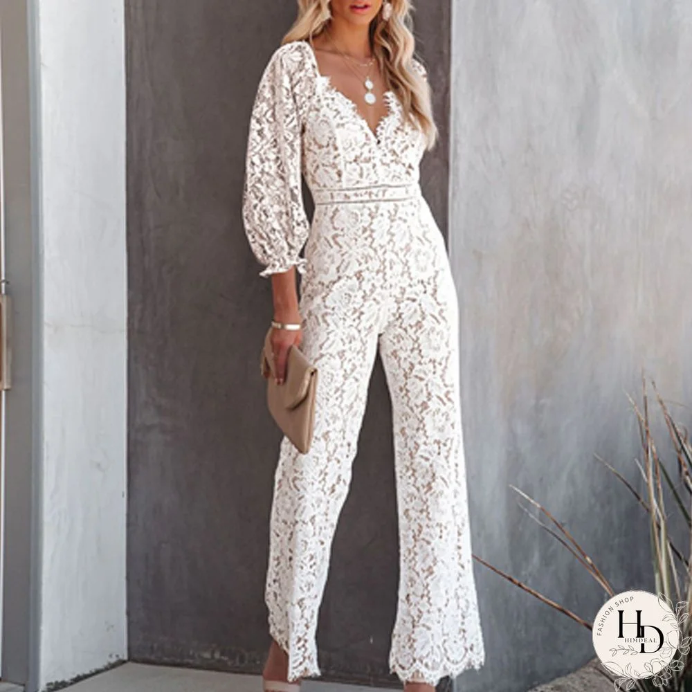 Fashion Sexy Lace Hollow Out Jumpsuit Elegant Office Ladies Slim V-Neck Party Romper Women Casual High Waist Straight Long Pants