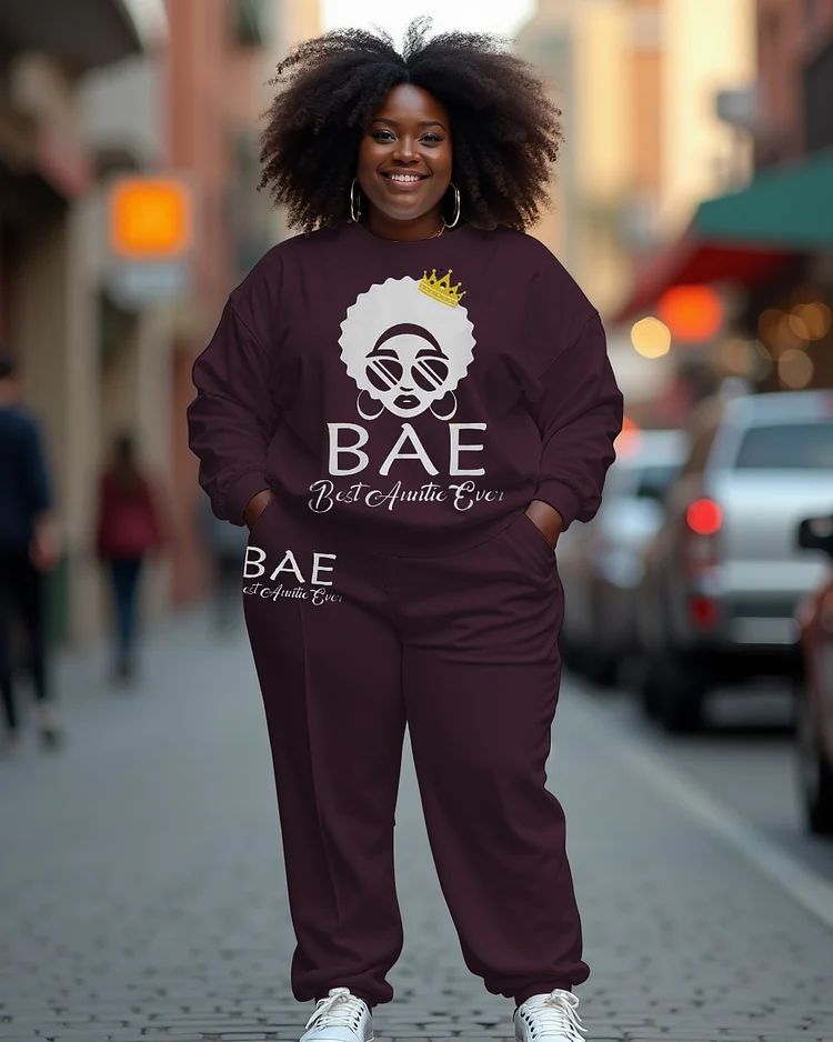 Women's Plus Size BAE Printing Long Sleeve Sweatshirt and  Casual Pants Set