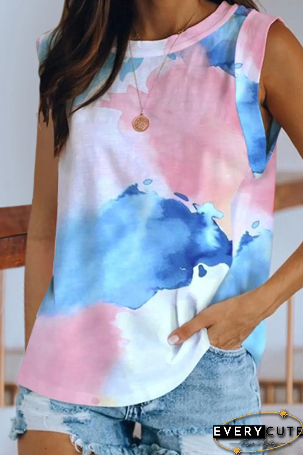 Tie Dye Round Neck Sleeveless Top