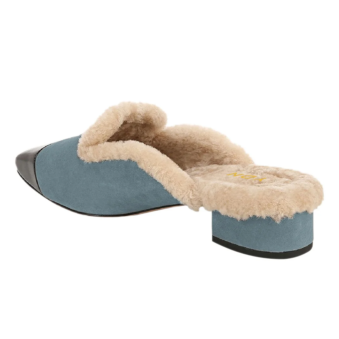 Warm Vegan Suede Cap-Toe Chunky Heel Fur Trim Mules Shoes in Blue