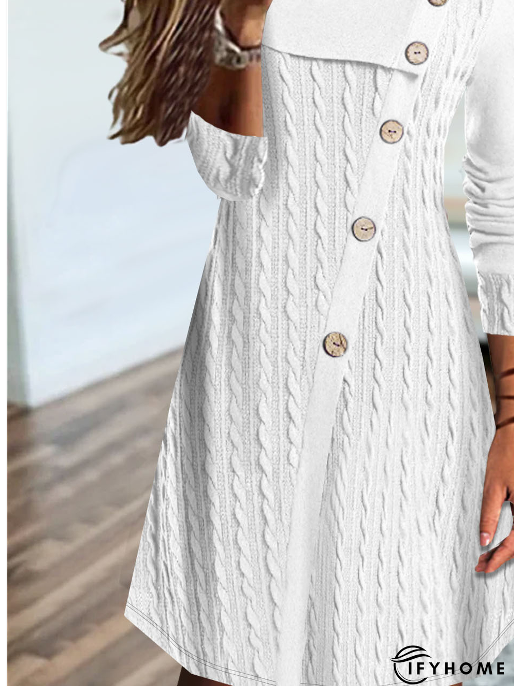 Casual Plain Texture Crew Neck Stitched Buttons Jersey Dress | IFYHOME