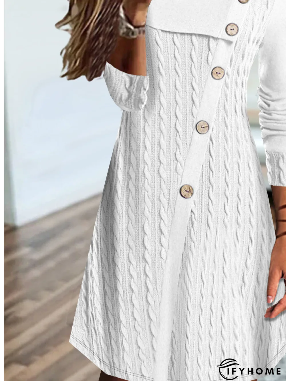 Casual Plain Texture Crew Neck Stitched Buttons Jersey Dress | IFYHOME
