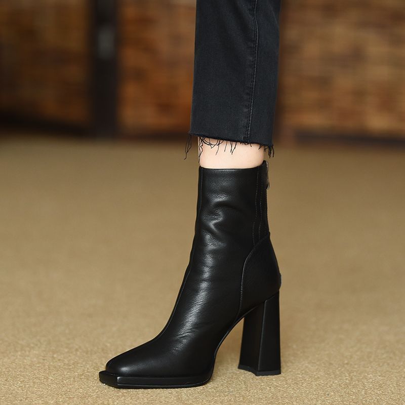 shoes Genuine Leather Square Toe High Heel Short Boots Women's Chunky Heel Mid-Calf 2024 Autumn and Winter High Heels Black Women's Boots
