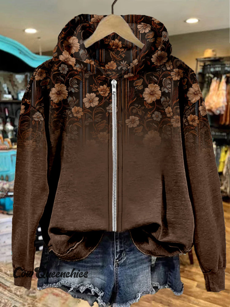 Flower Print Casual Zip Hoodie Sweatshirt Multicolor / S
