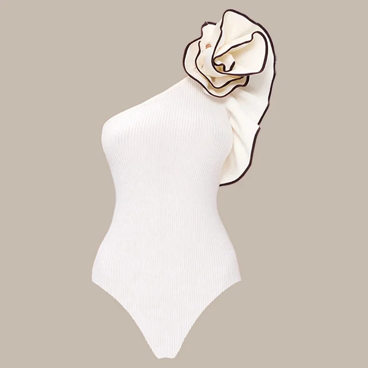 One Shoulder 3D Flowers One Piece Swimsuit and Skirt