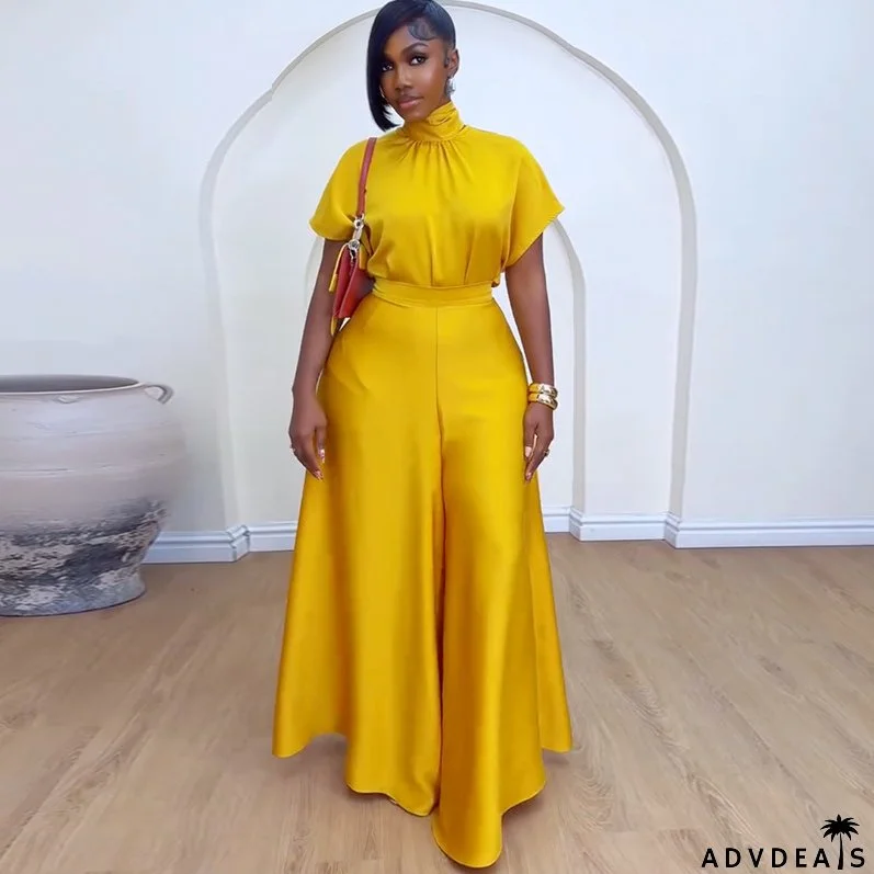 Women lace-up Stand Collar Bat Sleeves shirt And wide-leg pants two-piece suit