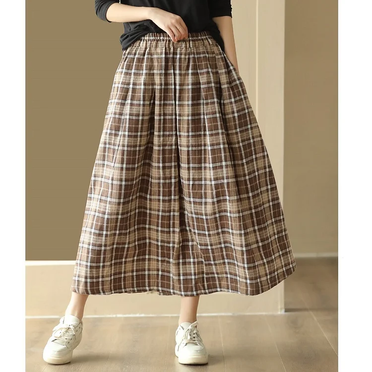 Literary Cotton Plaid Elastic Waist Skirt