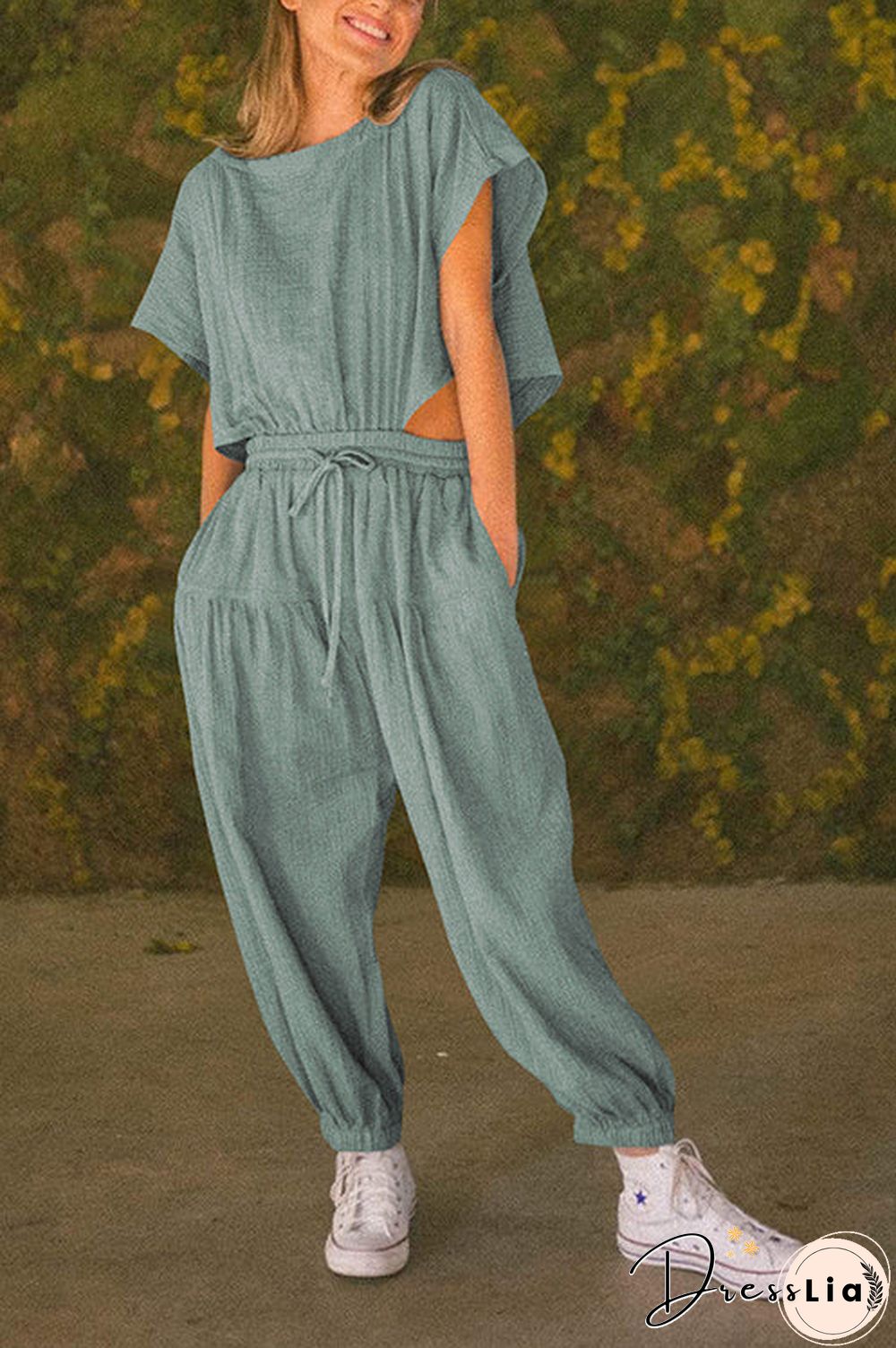 Slit Back Solid Drawstring Jumpsuit