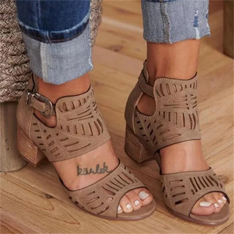 Vintage Hollow Out Sandals Mid Heel Summer Ladies Shoes Artificial Open Toe Casual Wedding Pumps Women Sandalias Casual Shoes