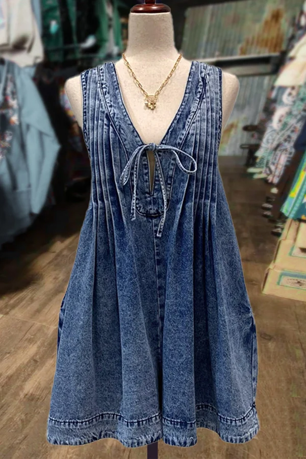 Denim Pintuck Sleeveless Romper
