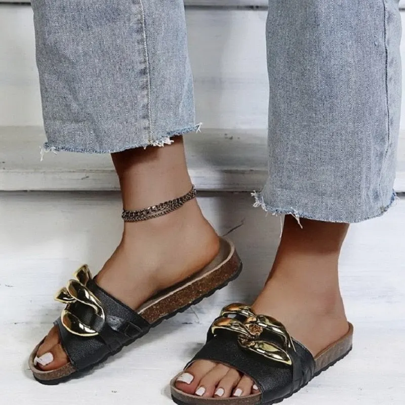 Women Slipper Women's Sandals New Design Gold Chain Closed Toe Slip On Mules Shoes Flat Heel Square Head Casual Slides Flip Flop