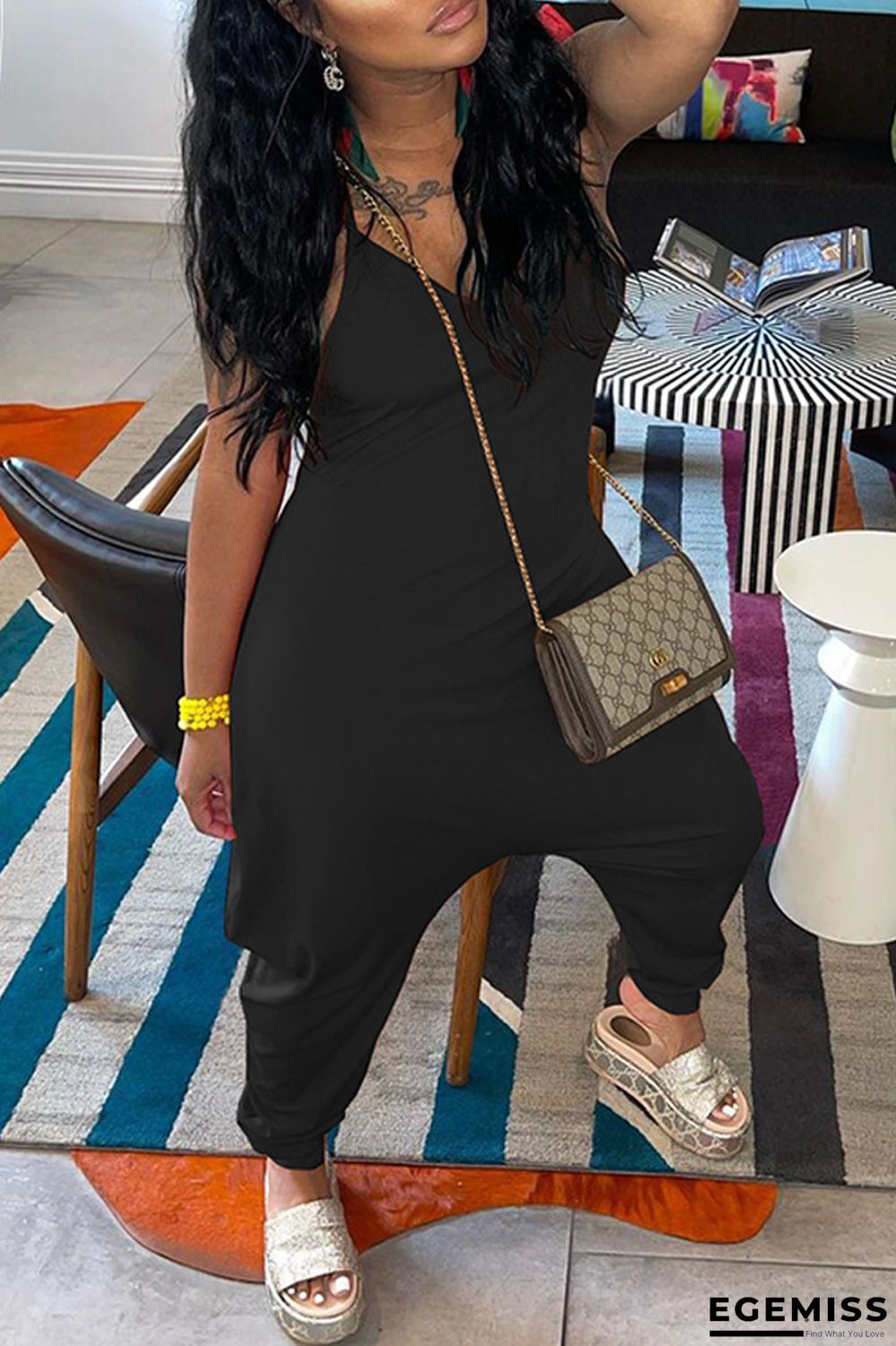 Black Fashion Casual Solid Backless Spaghetti Strap Regular Jumpsuits | EGEMISS